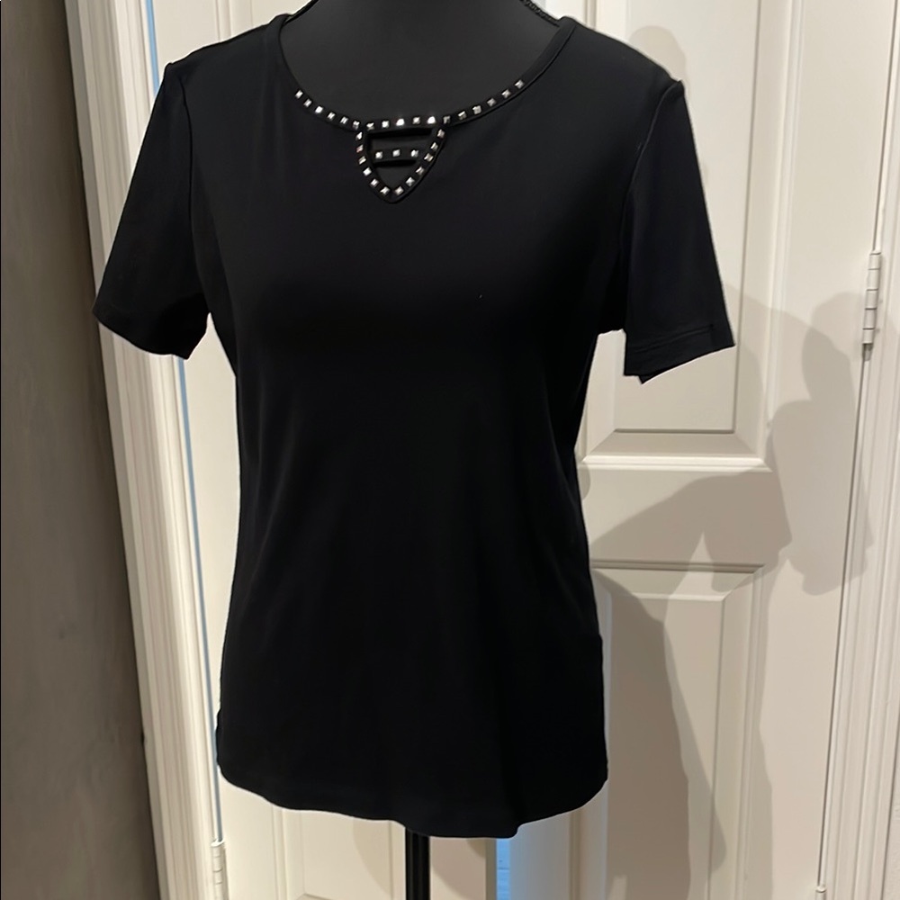 Karen Scott Black Short Sleeve Top with Studded Detail (C)